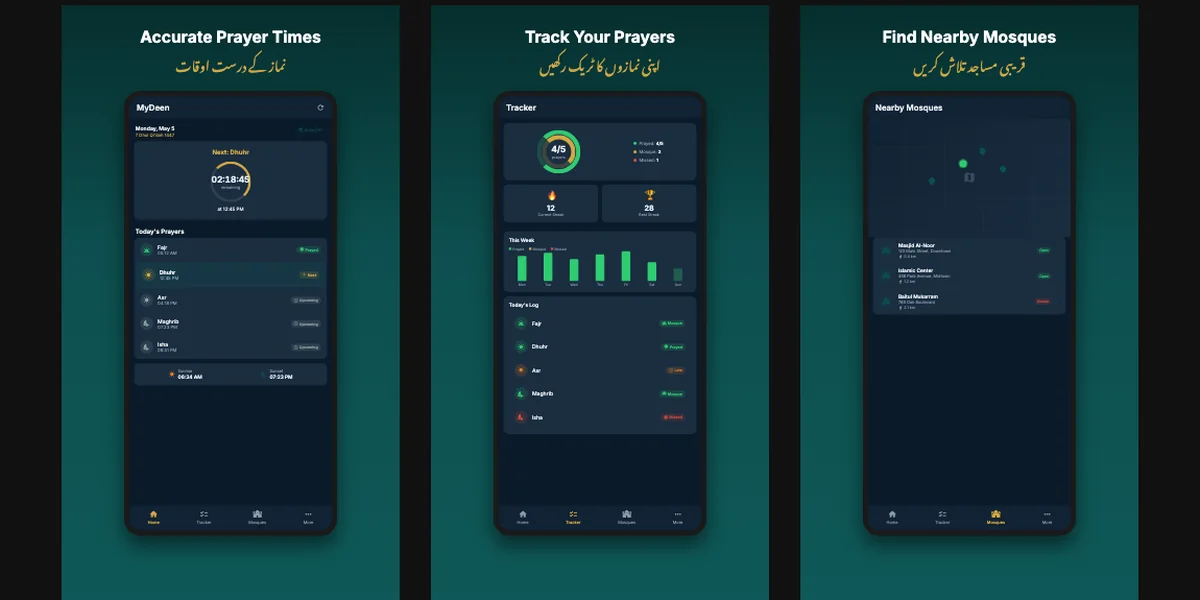 MyDeen app screens showing prayer times, a prayer tracker and a nearby mosques map