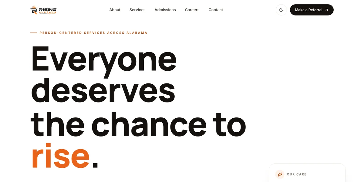Rising Alabama homepage — "Everyone deserves the chance to rise"