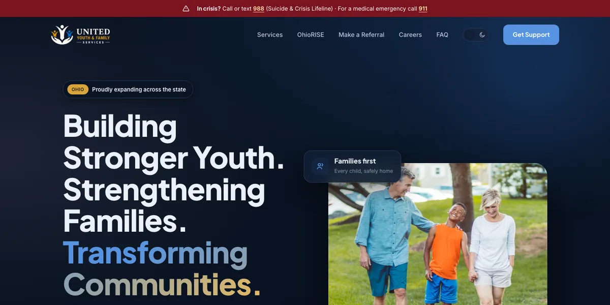 United Youth & Family Services homepage with crisis support banner
